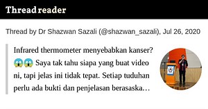 Thread by @shazwan_sazali: Infrared thermometer menyebabkan kanser? Saya tak tahu siapa yang buat video ni, tapi jelas ini tidak tepat. Setiap tuduhan perlu ada bukti…