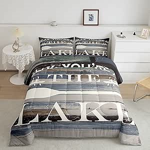 Rustic Farmhouse Bedding Comforter Set King Size Grey White Quilted Duvet Insert Kids Boys Women Adults Lake House Decor 2pcs Men Teens Retro Wooden Bedspread Lake Life Themed Comforter,2 Pillowcases