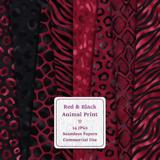 Red & Black Animal Print Seamless Digital Papers, Leopard, Zebra, Snakeskin Patterns, 14 Handmade Designs - Etsy