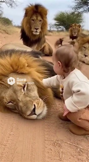 A baby petting a lion?!