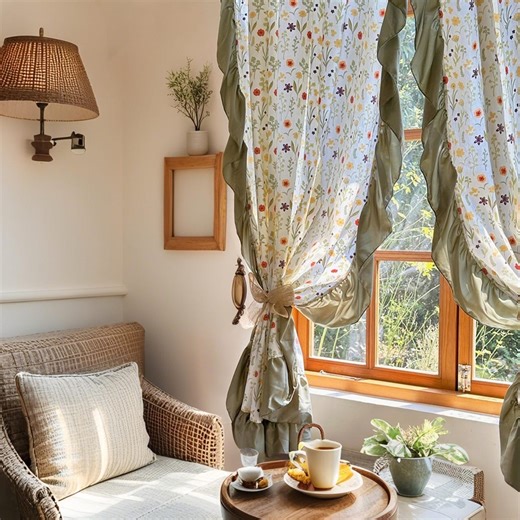 Vintage Cottagecore Ruffle Curtain, Green Floral Cotton Drapes, Rustic Farmhouse Window Treatment, Botanical Forest Style Curtains, Custom - Etsy