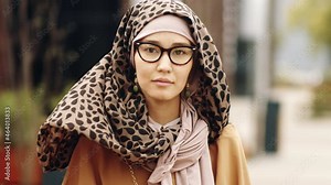 Chest-up of young beautiful Middle Eastern woman wearing hijab and eyeglasses, posing and looking on camera outdoors