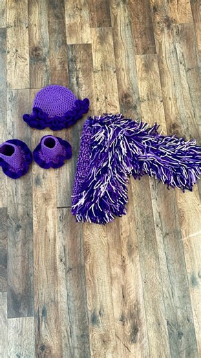 3pcs Crochet Shaggy Jacket Set (Ruffle Hat & Leg warmers) ☺️💜🦄