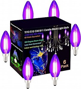 TITO 6 Pack E12 B11 Dimmable Filament LED Candle Black Light Bulbs, UVA 395nm 4.5W Candelabra Black Light Bulb, 60W Blacklight Bulb Equivalent, Glow in Dark Halloween Christmas Party Fluorescent Decor