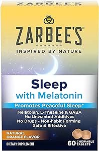 Zarbee's Melatonin 5mg, L-Theanine + GABA Sleep Supplement to Promote Peaceful Sleep, Natural Orange Flavor, Chewable Tablets for Adults Age 12 Up, 60 Count