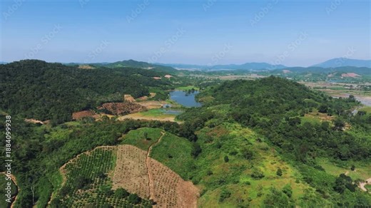 erial View of Agricultural Plantations and Natural Forest in Dak Lak Highlands the vast coffee and rubber plantations characteristic of Vietnam's "Coffee Capital" surrounding the mountain pass