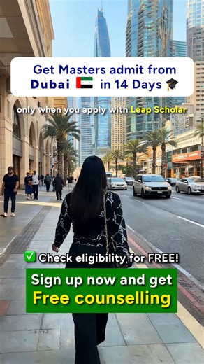 Dreaming of a Dubai Master’s? Shortlisting to visa—we’ve got your back! #StudyAbroad #DubaiMasters ✅ 1-on-1 counseling ✅ Fast university processing | Leap Scholar