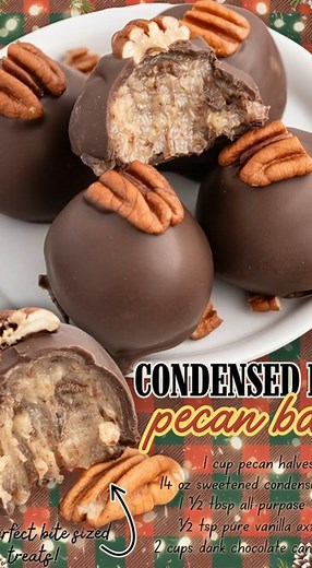 CONDENSED MILK PECAN BALLS! 1 cup pecan halves 14 oz sweetened condensed milk 1 ½ tbsp all-purpose flour ½ tsp pure vanilla extract 2 cups dark chocolate candy melts | Alexander Jai