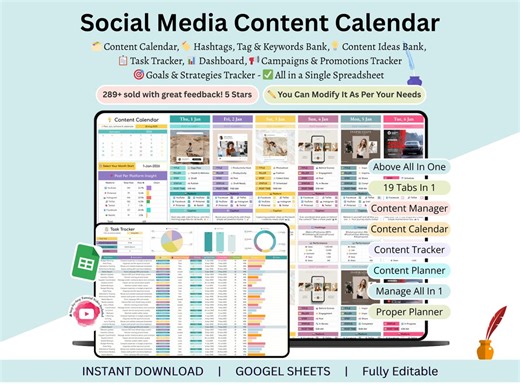 Content Calendar - Content Calendar Spreadsheet - Social Media Content Calendar - Social Media Calendar - Social Media Content Planner - Etsy