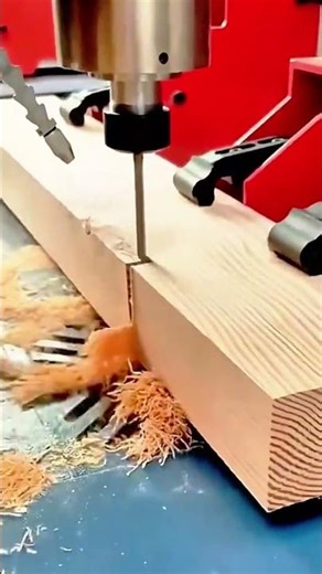 drilling a large circular hole precisely into the brown wood log using an electric power tool now