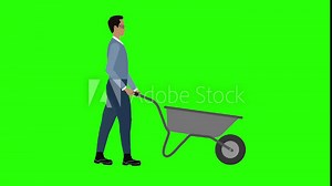 Worker men pushing the wheelbarrow cartoon animation on green screen, loop