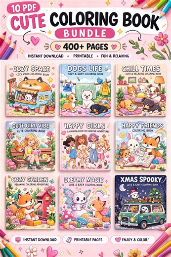 10 PDF Coloring Books Bundle | Cozy, Fun, Relaxing Pages (Instant Download)