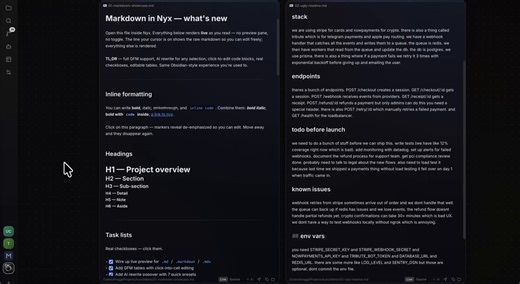 Obsidian for your second brain. Cursor for code. ChatGPT for rewrites.Three apps stitched together with copy-paste. Nyx 0.4.3 just put live markdown + AI rewrite into the same infinite canvas as your terminal, editor, and agents. one tool. zero context switches. · live markdown preview (GFM tables, task lists, code blocks) · ✨ AI rewrite any selection - beautify, condense, translate, grammar· ➤ send selection or whole doc to your agent in one click · same canvas as terminal + code editor + 6 CLI