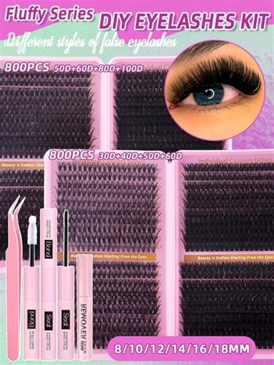 800pcs Cluster Eyelashes Set, D-Curl Flared Effect Mixed DIY Eyelash Extension Kit, Soft Voluminous Individual Cluster Lashes For Natural Fluffy Look, Pink Base Card, DIY Lashes For Home Use, Long-Lasting Beauty Eyelash Cluster Set | SHEIN