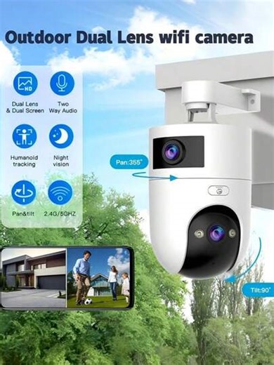 5MP Easy Installation Dual-Screen WiFi Security Camera, Full HD Video, 355° PTZ, 2.4G/5G WiFi, Dual-Screen Camera Equivalent To Two Cameras, Auto Tracking, Motion Detection, Two-Way Audio, Full-Color Night Vision, IP66 Waterproof For Outdoor Use, Auto Alarm, Remote Control Via App, Multi-User Sharing, Support Cloud Storage And SD Card Playback, Baby/Elderly/Pet/Nanny Monitor, Street Security Camera | SHEIN