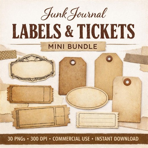 Junk Journal Labels and Tickets Mini Bundle, Vintage Ephemera Clipart, 30 PNG Files - Etsy