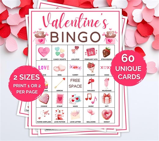 60 Valentine's Day Bingo Cards, Valentine Bingo Printable, Valentine’s Day Classroom Activity, Valentine's Party Game, Valentine's Day Bingo - Etsy
