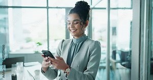 Happy, woman and cellphone in office for networking, communication and email or text. Connection, mobile app and female person with technology for research, planning and social media for career