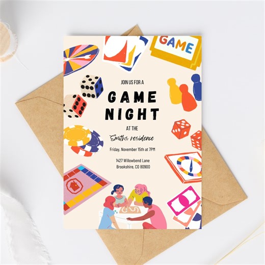 Game Night Invitation, Editable Canva Template, Colorful Board Game Party Invite, Digital Download, Family Game Night, Printable Invite - Etsy