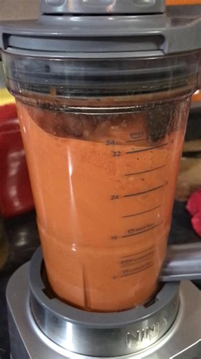 I have made tomato soup before and it was good, but I decided to try another recipe since I was making this fresh. I wanted a simple, fast, easy one. Well, holy moly! This one was amazing! We thinned it out a bit with some milk when we heated it up. 3lbs tomatoes, 1 small red pepper, 1/2 a yellow onion (ours were tiny so I used 3 of ours), 2tsp italian seasoning, 1tsp salt, as much pepper as you like, 1 tsp garlic powder. Roast them for 50 min at 450F. Then blend. Taadaa! This might just be our 