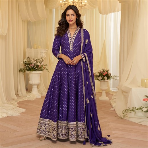 Embroidered Purple Silk Anarkali Dress & Dupatta | Indian Gown - Etsy