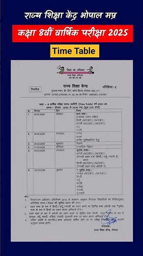 Rskmp | mp board | Time Table |कक्षा 8वीं वार्षिक परीक्षा 2025 समय सारिणी