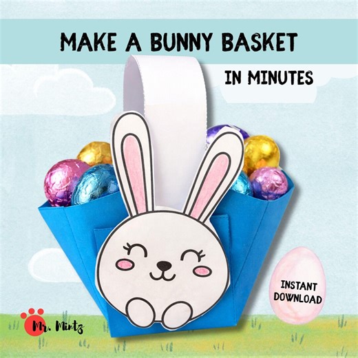 Easter Bunny Basket Craft for Kids, Printable Easter Activity, DIY Paper Basket Template Classroom Preschool Kindergarten