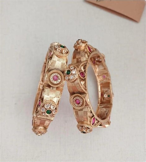 Antique Gold Bangles | Ruby & Emerald Stone Temple Kada | South Indian Bridal Jewelry | - Etsy