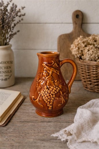 Vintage French Ceramic Pitcher, Grape Motif Pottery Jug, Rustic Brown Glazed Vase - Etsy
