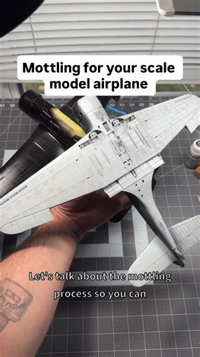 Here’s how I mottle, or preshade, my scale model aircraft. I really enjoy the results of this effect, it yields a nice faded and uneven paint finish that’s often seen on warbirds. I’m excited to mask the bottom off where I need to and get moving to painting the upper surface. #scalemodel #modelkit #modelmaking #scalemodelling #militarymodel #militarymodeling #plasticmodel #132scale #modelplane #plamo | throughasmallerlens