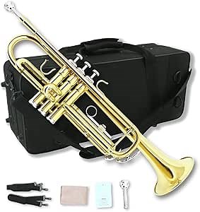 Bb Trumpet for Beginners, Standard B Flat Trumpet with 7C Mouthpiece, Hard Case, Gloves & Cleaning Cloth, Student Brass Instrument (Golden)