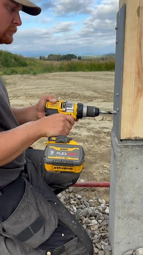 Drilling out and installing perma column through bolts! #CinchCarpentry #QualityOverQuantity #PostFrame #PermaColumn #Post #Drill #Bolt #Bracket #Hammer #Alberta | Cinch Carpentry