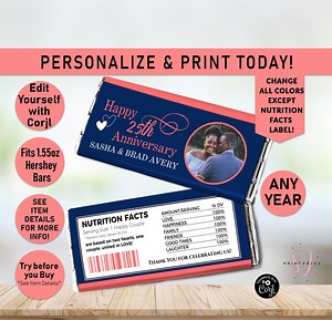 YOUR COLORS Wedding Anniversary EDITABLE Hershey Candy Bar Wrappers, Chocolate Candy label, Anniversary Favor, Any Color, Candy wrapper, WW4