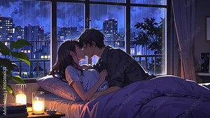 A couple sharing a romantic kiss in a cozy bedroom, surrounded by soft candlelight and rain-soaked windows, creating an intimate and dreamy atmosphere.