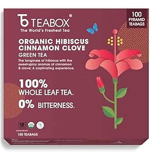 Teabox Premium Darjeeling Green Tea With Dried Hibiscus, Cinnamon and Clove | 100% Whole Leaf & 0% Bitterness | From The Himalayas | 100 Tea Bags (Low Caffeine)