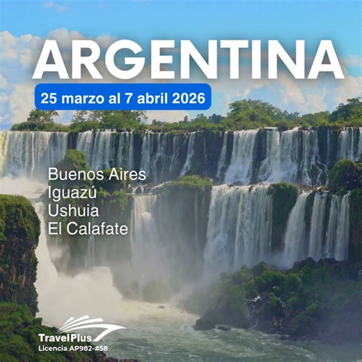Argentina 2026: Una aventura que lo tiene todo Del 25 de marzo al 7 de abril de 2026 Explora lo mejor del sur de Argentina en un itinerario completo que combina naturaleza, cultura y aventura: 📍 Buenos Aires – cultura vibrante y tango en cada esquina 📍 Cataratas del Iguazú – una maravilla natural que te dejará sin palabras 📍 Ushuaia – la ciudad más austral del mundo 📍 El Calafate – hogar del imponente glaciar Perito Moreno 14 días / 13 noches de historia, paisajes extremos y experiencias que
