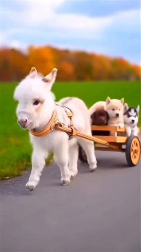 Hilarious Mini Donkey Pulls a Cart of Puppies Like the Cutest Taxi Ever