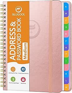 Address Book with Alphabetical Tabs-Address and Password Book for Seniors - Hardcover Spiral Bound Phone Book- Record Contacts, Website Login Passwords, Special Days -5.7" x 7.7", Rose Gold