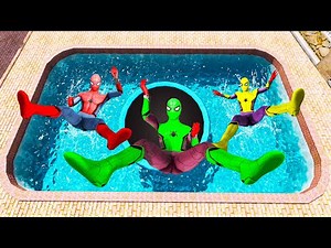 GTA 5 Rainbow Green Vs Yellow & Red Spiderman Jumping Into Pool (Euphoria Physics/Ragdolls) #1
