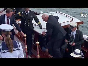 King Harald V of Norway arrives for official visit to Denmark, falls on the stairs