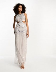 ASOS DESIGN embellished jeweled mesh cut out maxi dress in beige | ASOS