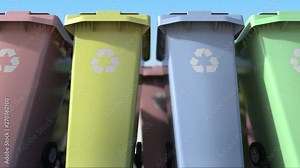 Many plastic trash cans with for sorting domestic garbage. Loopable motion background