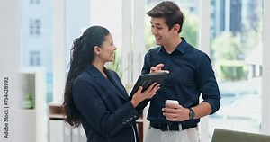 Business people, working or tablet in modern office on company proposal, technology or online research. Accounting team, talking or collaboration on touchscreen, advice or email on financial project