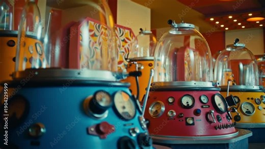 A 1960s retro-futuristic cosmodream chamber with bulky colorful stasis pods and analog gauges under warm optimistic lighting on a geometric pattern, concept of optimistic space age retrofuturism