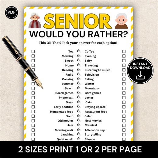 Senior Would You Rather Game, Games for Senior Citizens, Printable Elderly Game, Nursing Home & Retirement Activity - Etsy