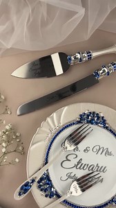 Blue Silver Wedding Cake Cutting Set, Personalized Glasses, Cake Serving Set, Wedding Cake Knife and Flutes for Bride and Groom - Etsy