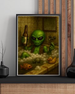 Alien Wall Art, Digital Download PNG – Green Extraterrestrial in Bath, Sci‑fi + History Art, Instant Wall Art PNG, Weird Art, Bath and Drink - Etsy