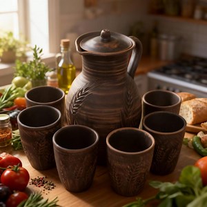 Clay Pitcher Set With Cups, Ceramic Water Jug, Drinkware Set, Artisan Earthenware Pottery Tableware - Etsy