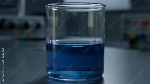 Blue liquid gradually evaporating in laboratory beaker on dark surface in sequential frames
