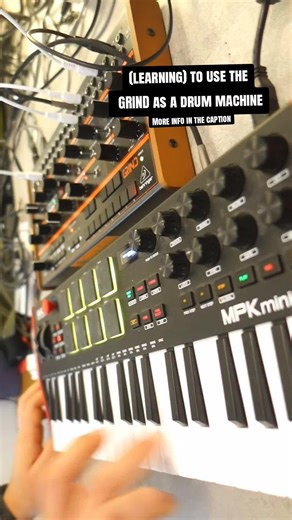 Using the grind as a drum machine. The cv pitch out of the midi keyboard is connected to the vc mix in the grind to modulate the cv appropriately. Thank the vc mix is connected to the model selection, so playing the key changes the osc model. You can actually see the top right green led moving when the model is changed. #hardware #behringer #modular #drummachine #synth